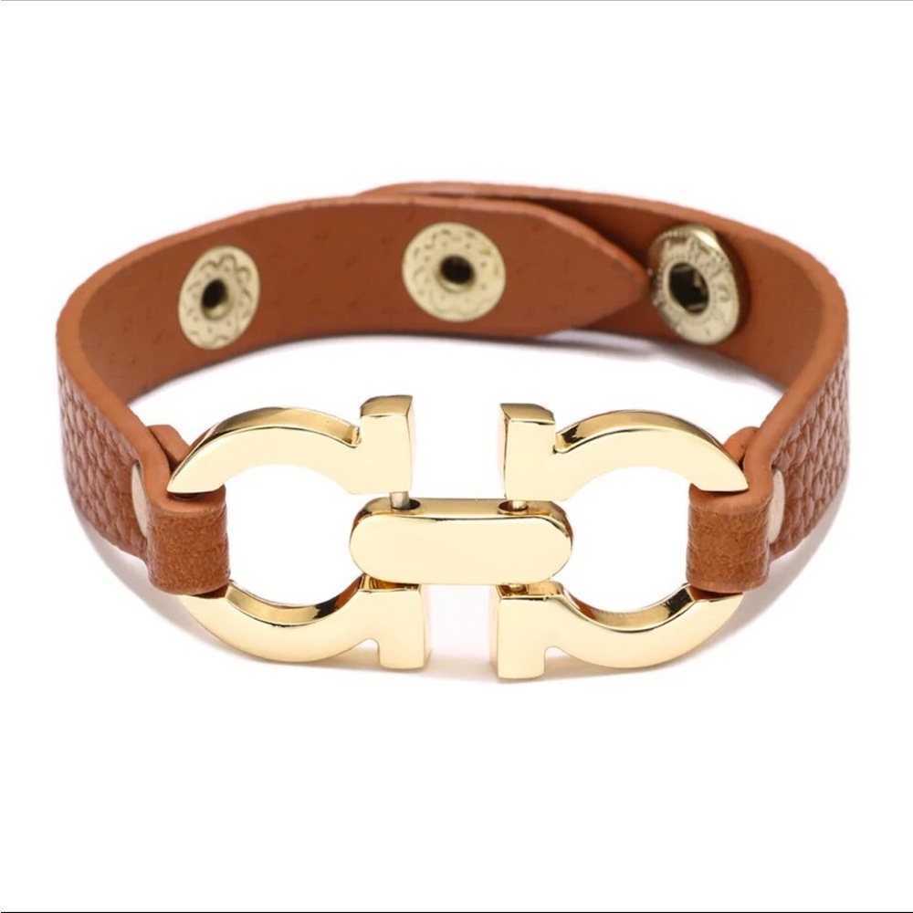 Unisex Cognac Faux Leather Bracelet with Gold Buckle Detail